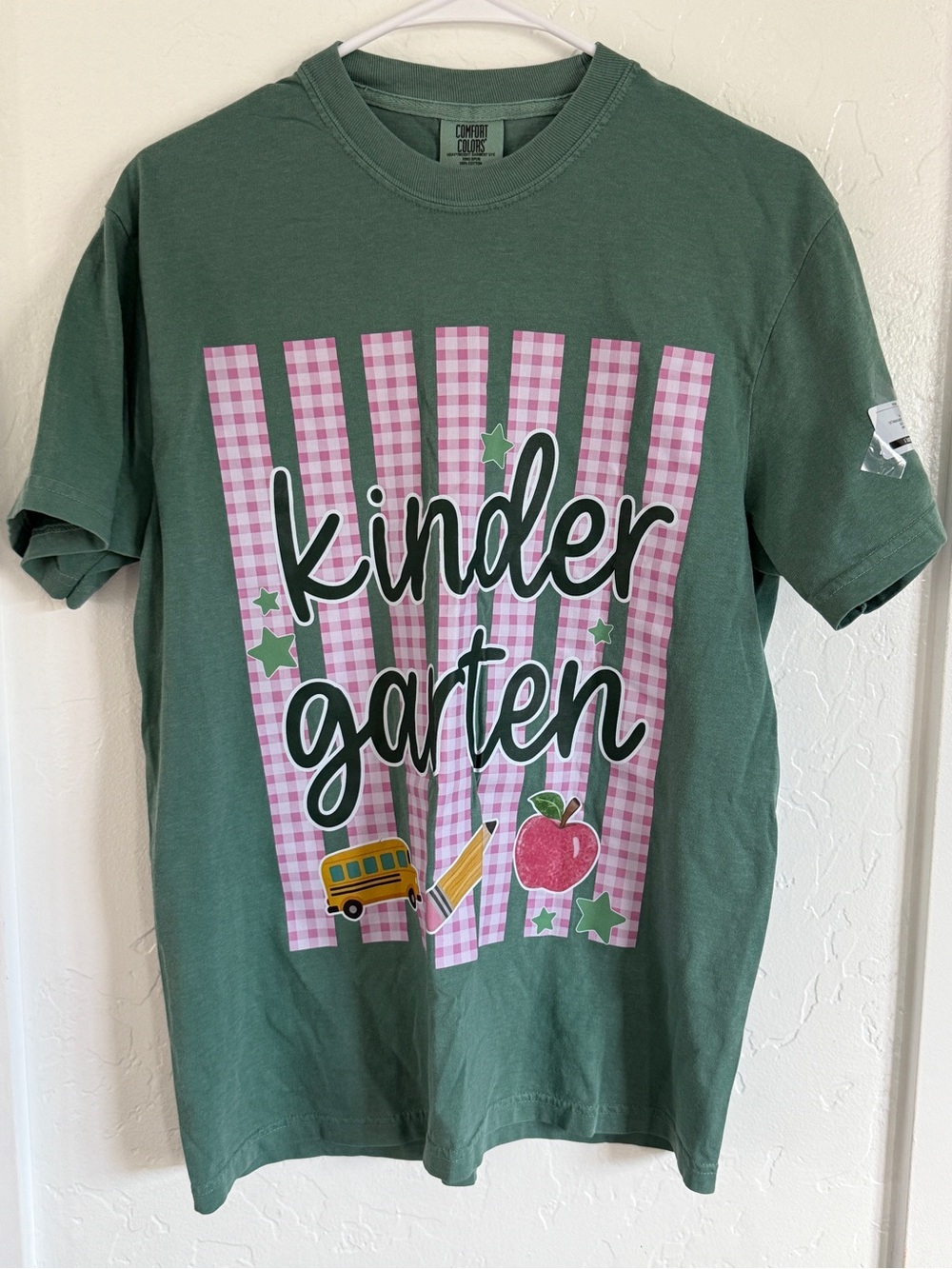 Comfort Colors green 'Kinder Garten' Graphic Tee with Pink Gingham